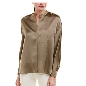 Vince 100% Silk Satin Blouse Olive Green Small Classic Office Luxury